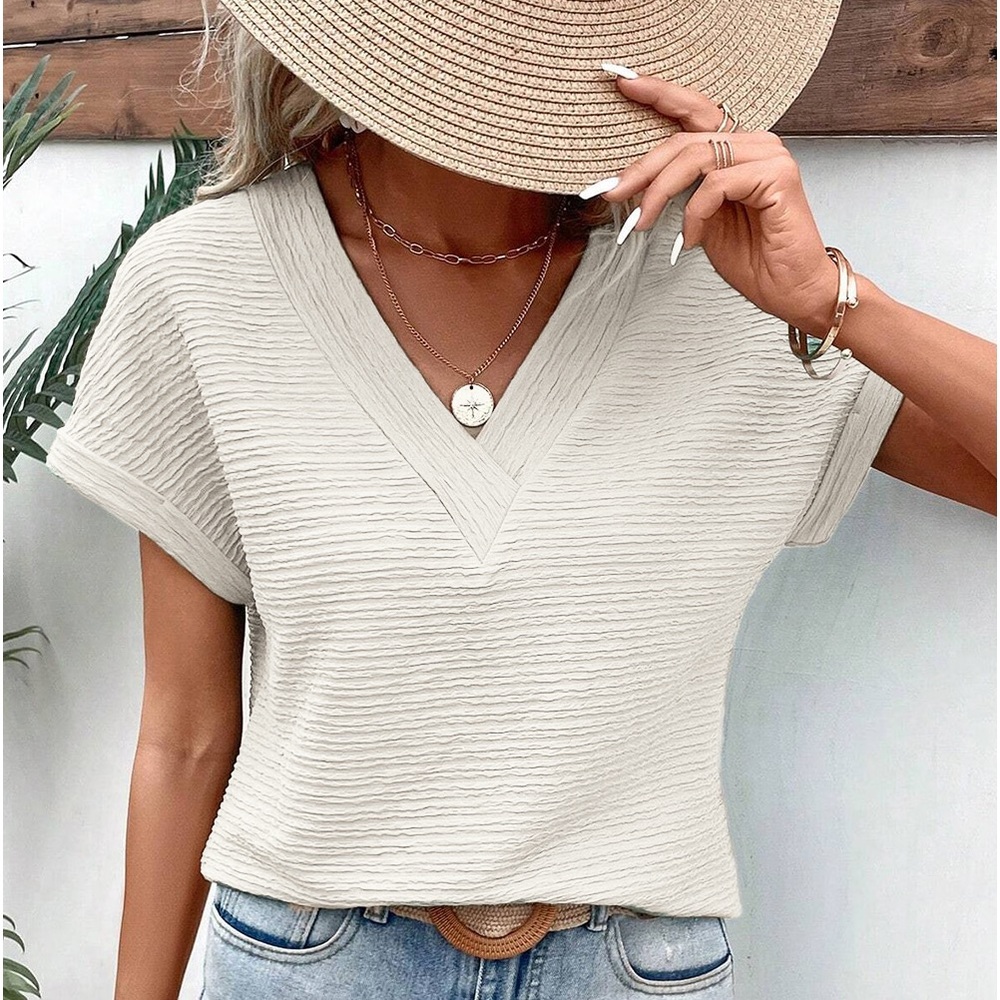 Pale Khaki Textured Wide Sleeve V Neck T Shirt‎